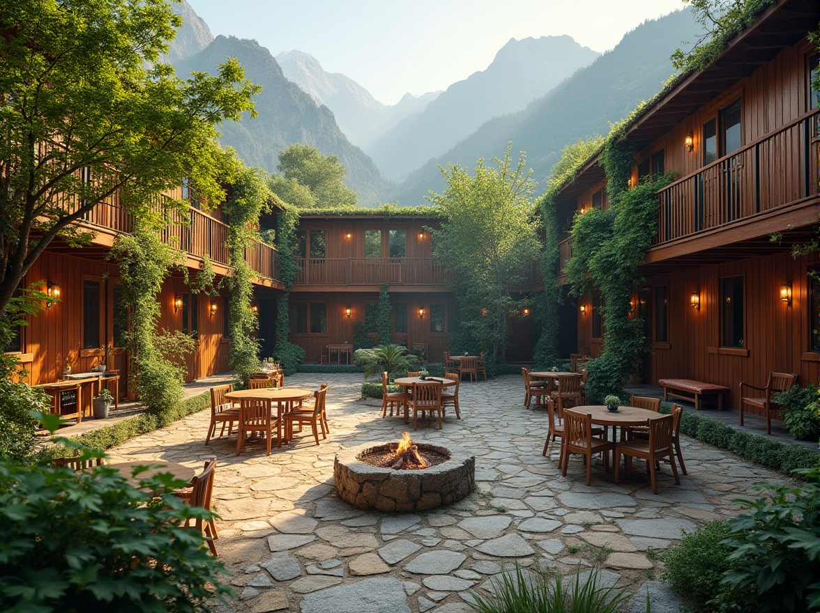 Prompt: Vibrant hostel courtyard, lush greenery, natural stone walls, wooden accents, rustic furniture, cozy nooks, communal seating areas, fire pit gathering spaces, outdoor kitchens, BBQ facilities, scenic hiking trails, surrounding mountains, misty morning atmosphere, warm soft lighting, shallow depth of field, 1/2 composition, panoramic view, realistic textures, ambient occlusion.Let me know if you need any adjustments!