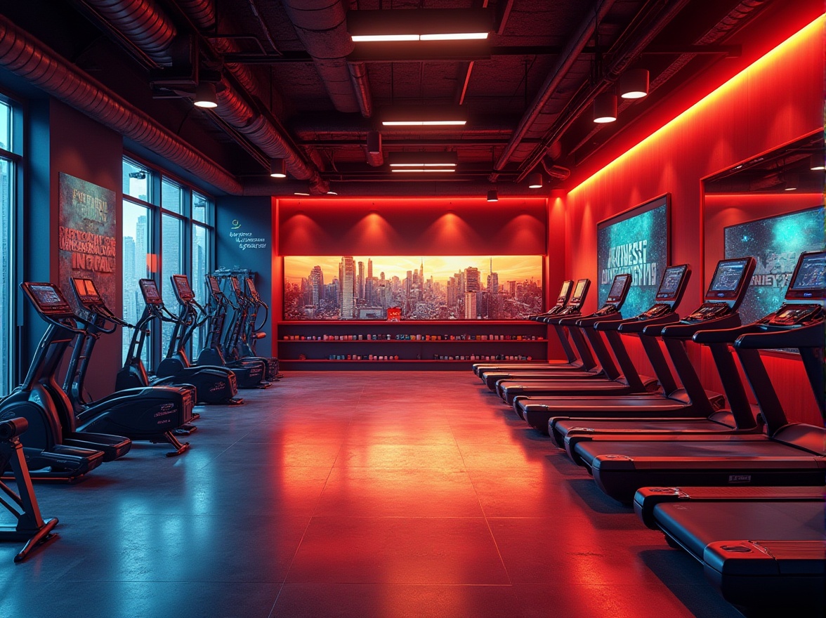 Prompt: Vibrant fitness studio, energetic color scheme, bold red accents, dynamic orange hues, calming blue tones, sleek metallic equipment, modern LED lighting, motivational quotes, high-gloss floors, industrial-chic decor, urban cityscape views, dramatic shadows, high-contrast photography, cinematic color grading, 1/1 composition, shallow depth of field, realistic textures.