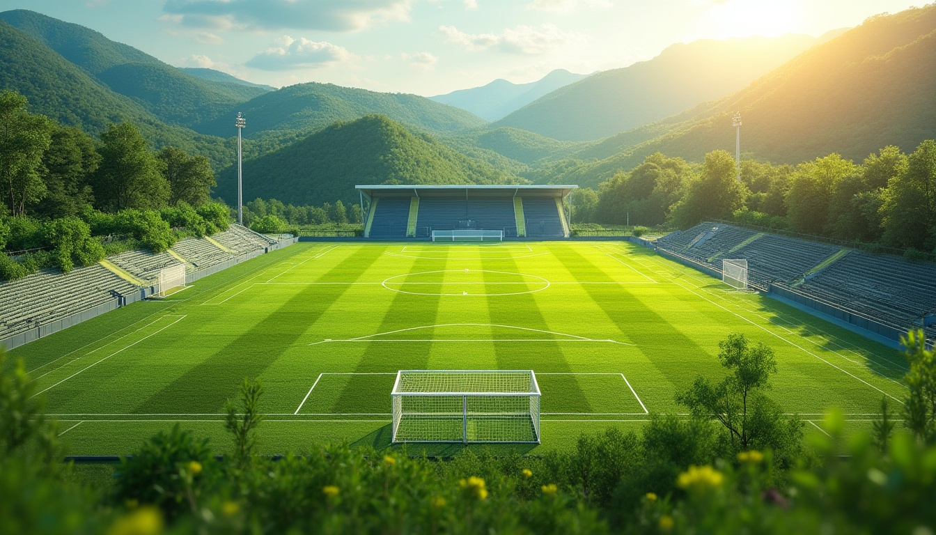 Prompt: Natural sports fields, lush green grass, rolling hills, serene surroundings, athletic tracks, soccer goals, tennis courts, basketball hoops, volleyball nets, spectator stands, modern stadium architecture, curved lines, sleek metal railings, vibrant team colors, sunny day, soft warm lighting, shallow depth of field, 3/4 composition, panoramic view, realistic textures, ambient occlusion.