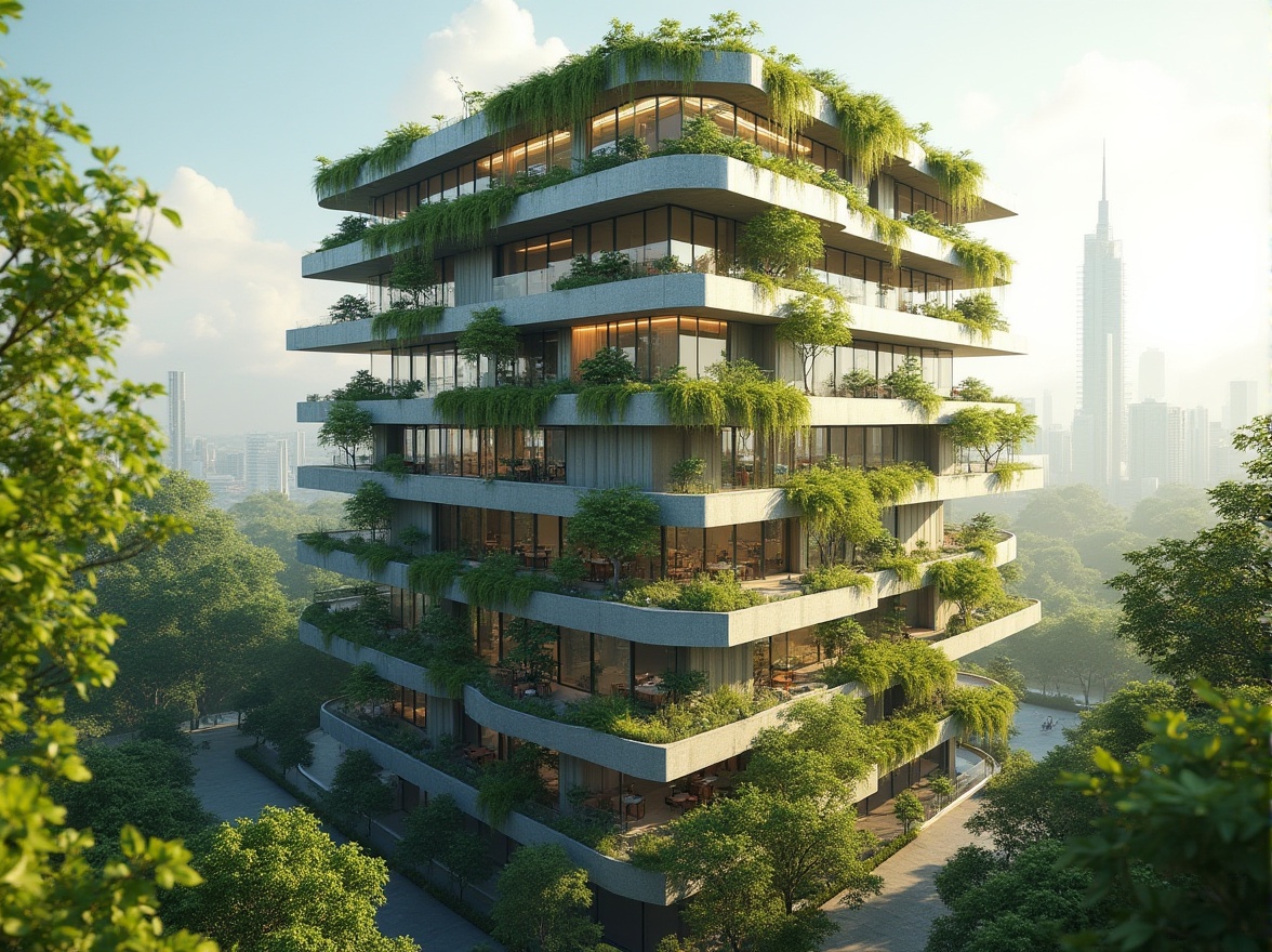 Prompt: Eco-friendly skyscraper, green roofs, solar panels, wind turbines, water conservation systems, recycled metal fa\u00e7ades, low-carbon concrete, FSC-certified wood, bamboo flooring, living walls, vertical gardens, natural ventilation systems, energy-efficient glazing, triple-glazed windows, minimalist design, optimized building orientation, passive house principles, net-zero emissions, futuristic architecture, innovative cooling technologies, shaded outdoor spaces, misting systems, sustainable urban planning, vibrant greenery, blooming trees, sunny day, soft warm lighting, shallow depth of field, 3/4 composition, panoramic view.