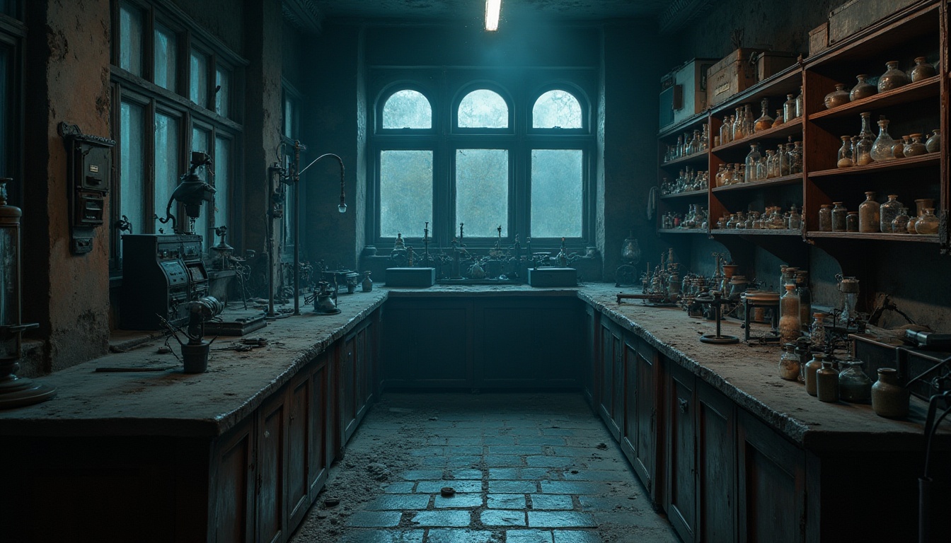 Prompt: Mysterious abandoned laboratory, old wooden cabinets, dusty beakers, vintage scientific equipment, dimly lit atmosphere, eerie shadows, Prussian blue accents, rich dark tones, muted earthy hues, cold metallic surfaces, worn stone floors, faint smell of chemicals, nostalgic 19th-century aesthetic, ornate antique furniture, intricate Victorian-era details, soft diffused lighting, cinematic composition, high contrast ratio, atmospheric fog, realistic textures, subtle color grading.