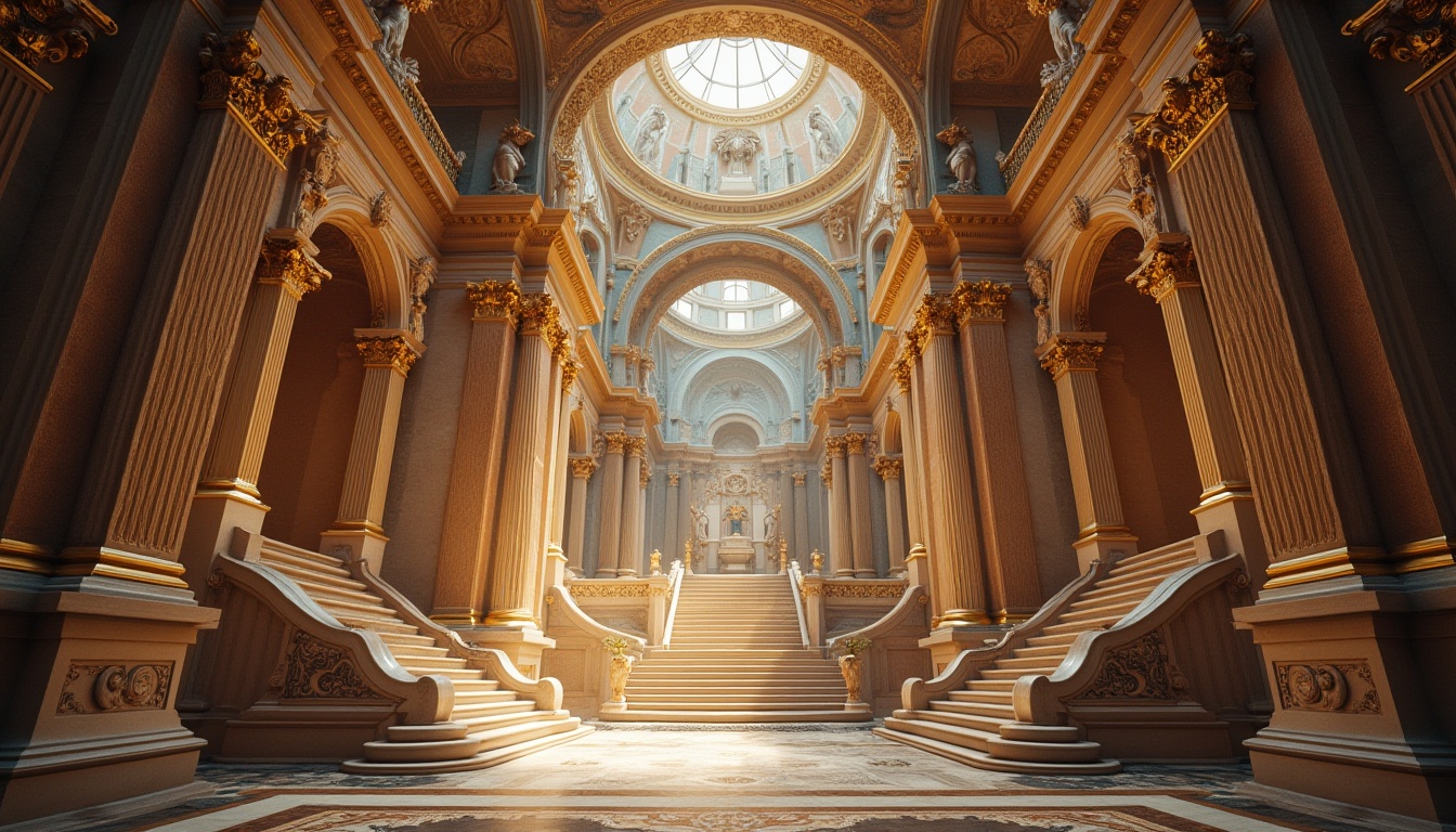 Prompt: Grandiose cathedral, opulent decorations, symmetrical fa\u00e7ade, ornate sculptures, lavish fountains, intricate stone carvings, golden accents, grand staircases, sweeping arches, dramatic lighting, high contrast shadows, central axis composition, radial symmetry, classical orders, rusticated bases, ionic capitals, ornate balustrades, frescoed ceilings, illusionistic paintings, warm golden tones, soft chiaroscuro.