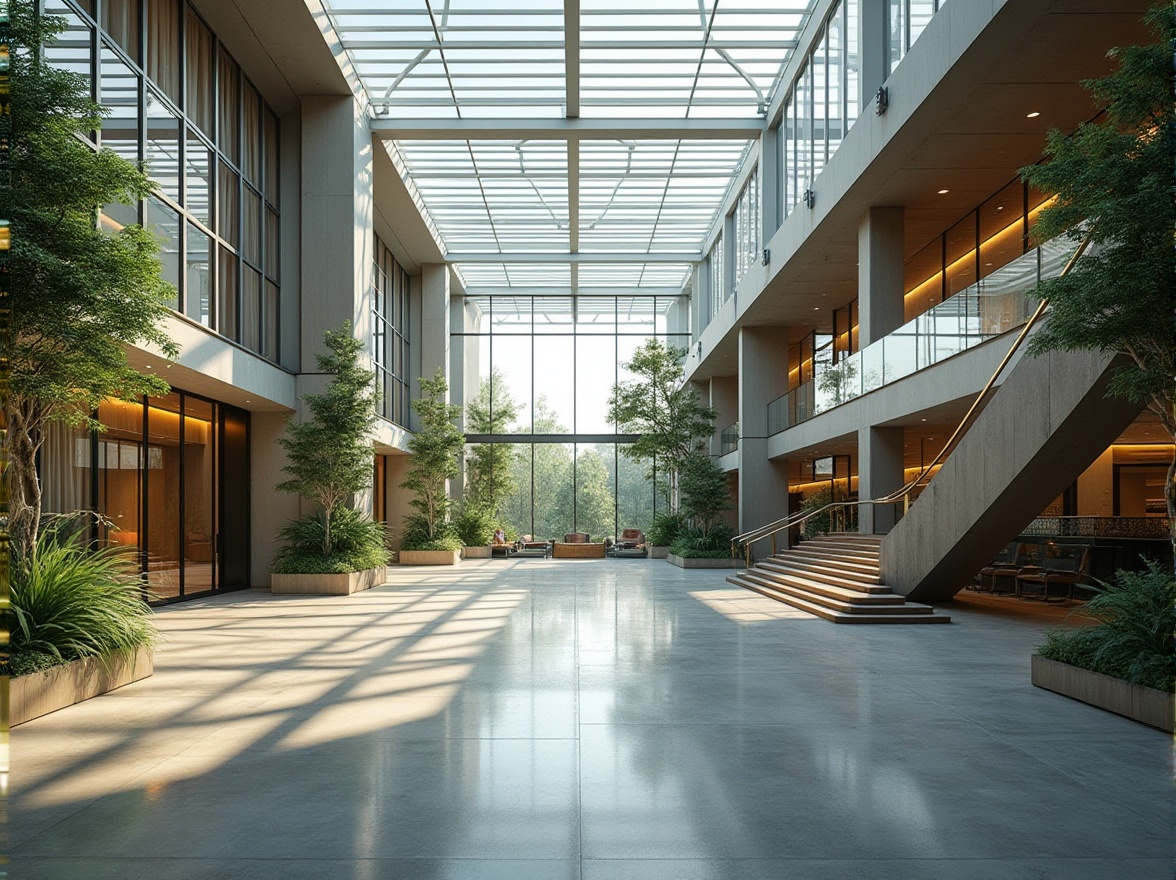 Prompt: Spacious atrium, grand staircase, floor-to-ceiling windows, transparent glass roofs, minimalist interior design, sleek metal frames, polished concrete floors, natural stone walls, lush greenery, abundant skylights, clerestory windows, open floor plans, reflective surfaces, soft warm lighting, shallow depth of field, 1/1 composition, panoramic view, realistic textures, ambient occlusion.