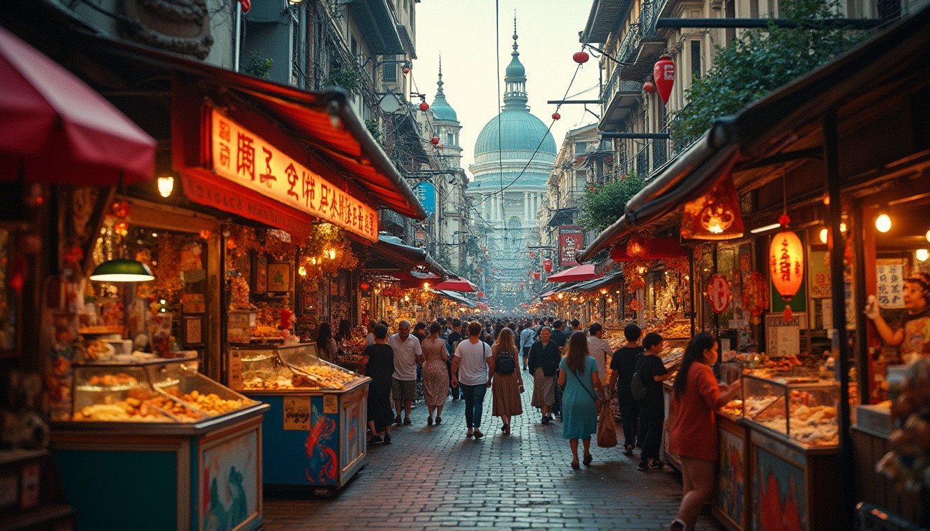 Prompt: Vibrant cityscape, eclectic market stalls, diverse cultural influences, bold street art, ornate architectural details, bustling pedestrian traffic, lively street performers, aromatic food vendors, colorful textiles, intricate lanterns, warm evening lighting, shallow depth of field, 1/2 composition, Dutch angle shot, cinematic color grading, high dynamic range.