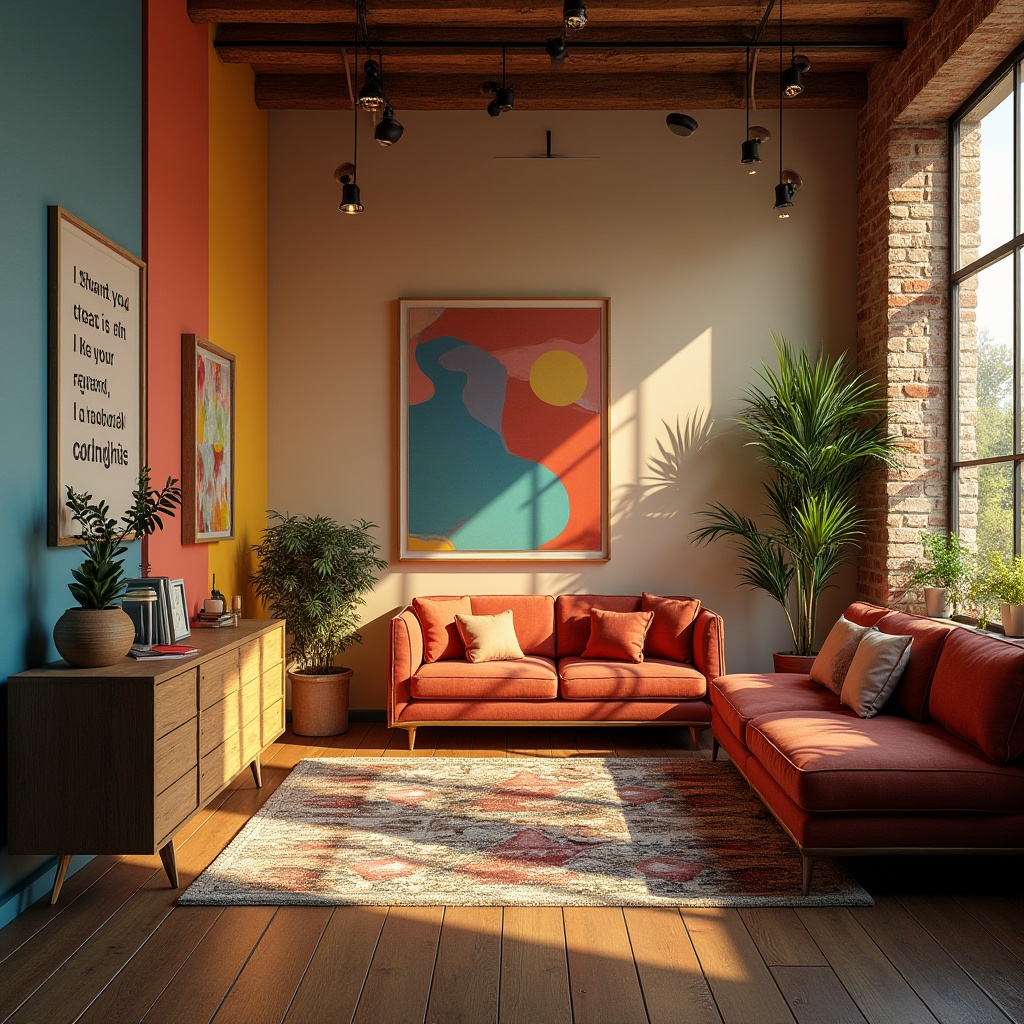 Prompt: Vibrant artistic studio, eclectic furniture, bold color blocking, abstract artwork, modern lighting fixtures, sleek wooden floors, inspirational quotes, creative freedom, natural textures, earthy tones, soft warm glow, atmospheric depth, cinematic composition, realistic renderings, ambient occlusion.