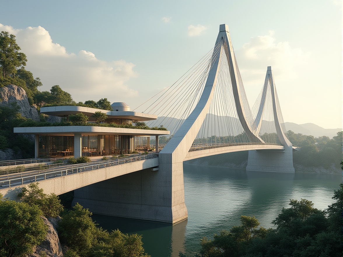 Prompt: Eco-friendly bridge architecture, curvaceous steel beams, recycled metal materials, solar-powered lighting systems, green roofs with native vegetation, rainwater harvesting systems, low-carbon concrete foundations, wind-resistant design, scenic river views, natural stone abutments, cable-stayed suspension, modern minimalist aesthetic, 1/1 composition, soft warm lighting, shallow depth of field, realistic textures, ambient occlusion.