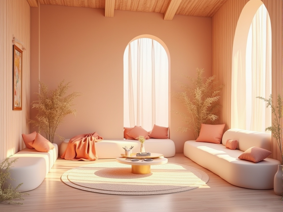 Prompt: Harmonious color scheme, pastel hues, soft peach tones, creamy whites, rich wood accents, natural textiles, earthy undertones, warm golden lighting, subtle gradient effects, 3D visualizations, realistic material renderings, atmospheric perspective, cinematic depth of field, futuristic UI elements, sleek metallic finishes, vibrant neon highlights, abstract geometric patterns, intricate mandala designs.