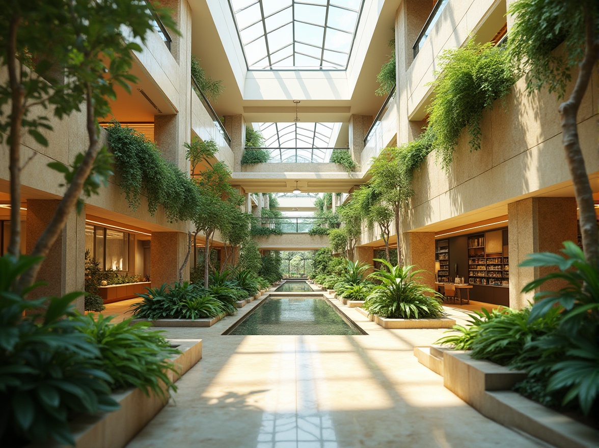 Prompt: Vibrant atrium, lush greenery, natural stone walls, large skylights, clerestory windows, open floor plan, minimalist decor, warm beige tones, energy-efficient LED lighting, automated shading systems, solar tubes, reflective surfaces, ambient occlusion, shallow depth of field, 3/4 composition, panoramic view, realistic textures.