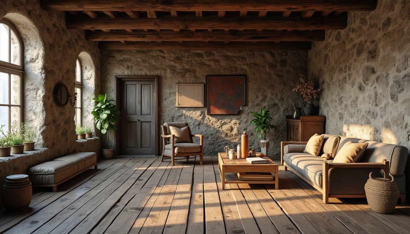 Prompt: Rustic wooden planks, distressed stone walls, vintage metal accents, reclaimed wood furniture, earthy color palette, natural textures, organic shapes, cozy nooks, inviting atmosphere, warm lighting, soft shadows, 1/1 composition, realistic renderings, ambient occlusion, subtle animations.