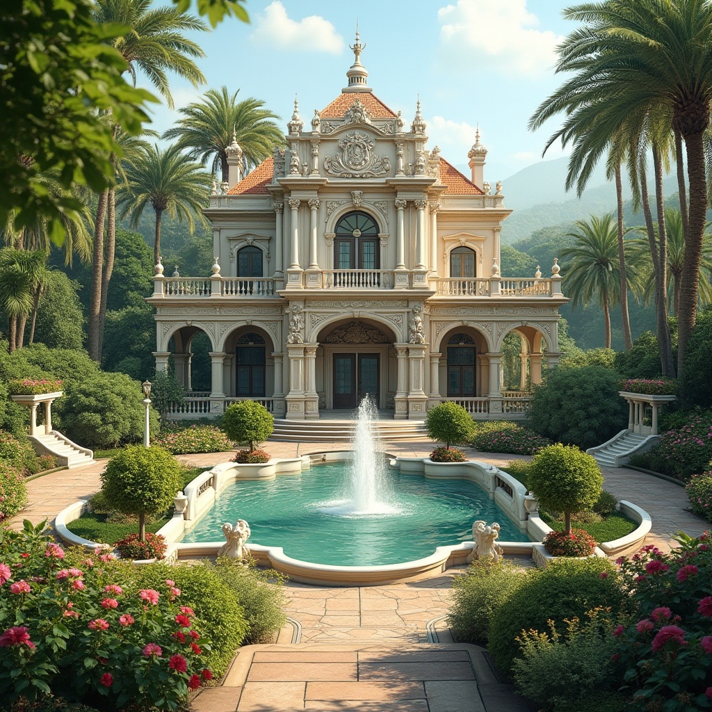 Prompt: Ornate Baroque villas, lush greenery, vibrant flowerbeds, meandering walkways, grand entrance fountains, ornamental statues, intricate stone carvings, symmetrical gardens, serene water features, majestic trees, warm sunny day, soft diffused lighting, shallow depth of field, 3/4 composition, panoramic view, realistic textures, ambient occlusion.