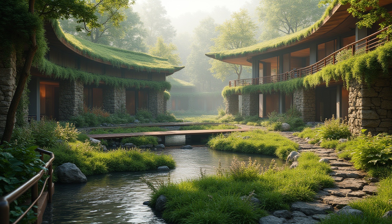 Prompt: Seamless landscape integration, organic architecture, curved lines, natural stone walls, green roofs, lush vegetation, native plants, wildflowers, meandering pathways, wooden bridges, tranquil ponds, reflective water features, misty mornings, warm sunlight, soft focus, shallow depth of field, 1/2 composition, cinematic view, realistic textures, ambient occlusion.