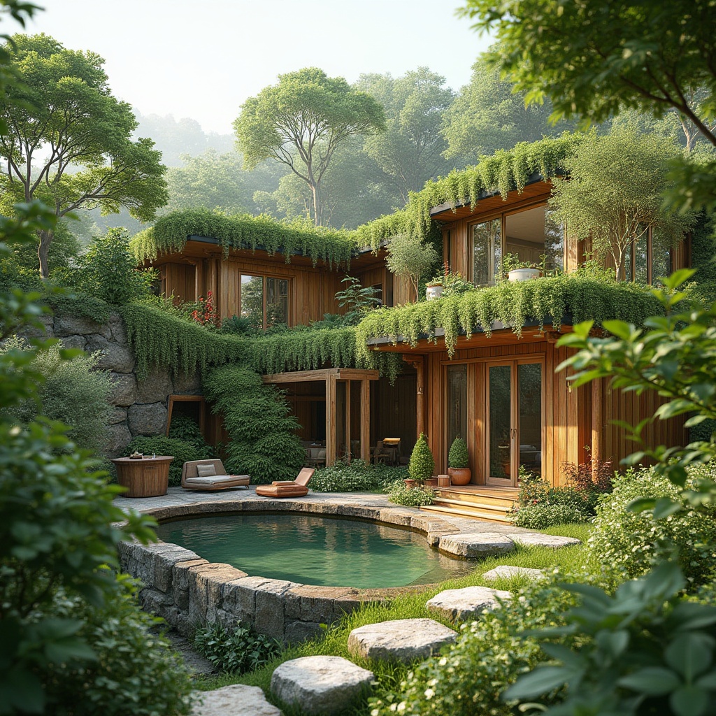 Prompt: Eco-friendly hotel, organic architecture, lush green roofs, living walls, natural stone facades, reclaimed wood accents, solar panels, wind turbines, rainwater harvesting systems, grey water reuse, sustainable materials, energy-efficient lighting, thermal mass systems, passive ventilation, bamboo flooring, low-VOC paints, locally sourced furniture, recycled glass decor, earthy color palette, soft natural light, shallow depth of field, 1/1 composition, realistic textures, ambient occlusion.