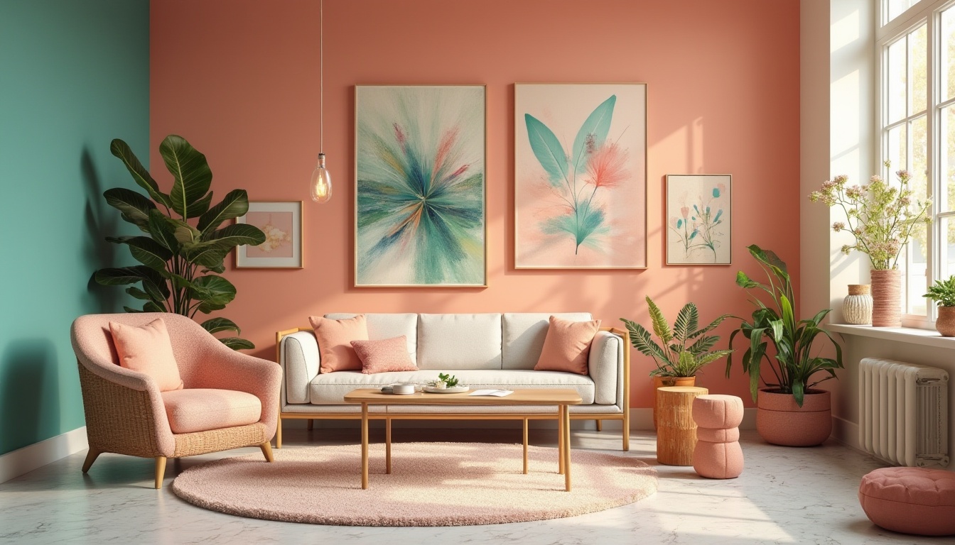 Prompt: Vibrant art studio, eclectic furniture, abstract artwork, pastel colors, soft peach walls, rich turquoise accents, creamy white marble, natural wood textures, minimalist decor, modern industrial lighting, bold brushstrokes, whimsical patterns, delicate florals, moody shadows, warm golden hour, shallow depth of field, 1/2 composition, cinematic color grading, realistic reflections.