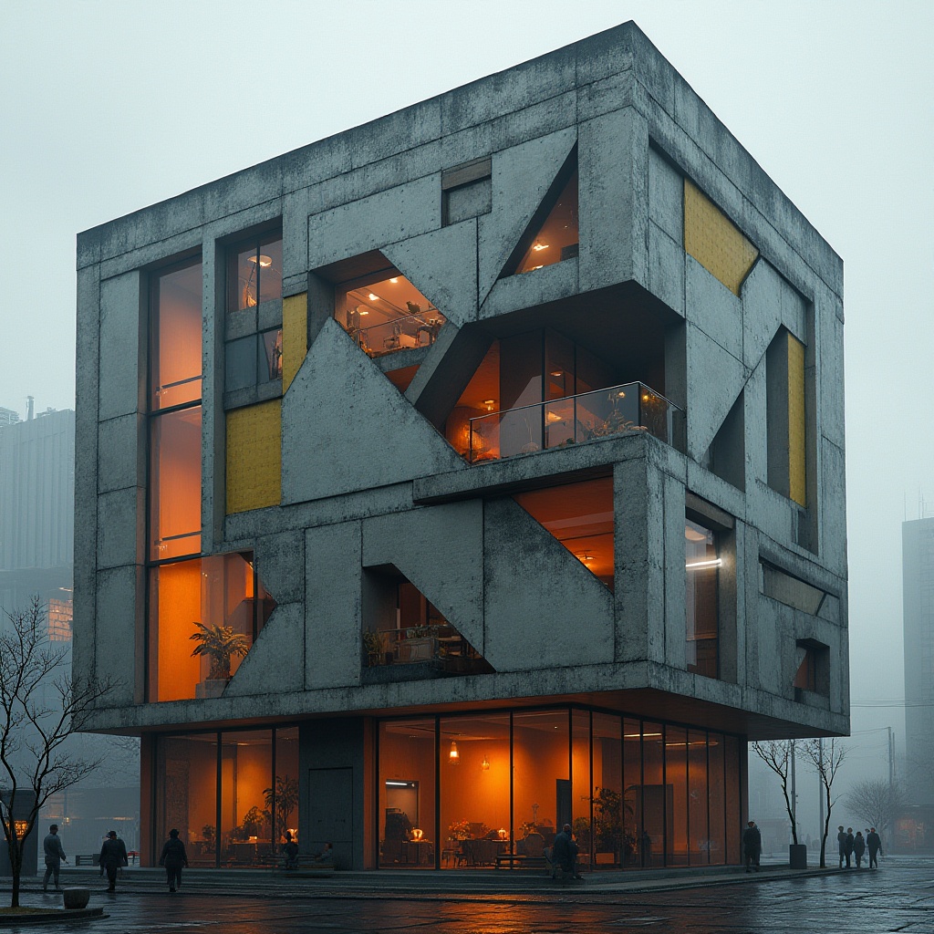 Prompt: Geometric building facade, fragmented forms, industrial materials, exposed steel beams, riveted metal panels, bold color accents, asymmetrical compositions, dynamic angular lines, cantilevered structures, futuristic aesthetics, urban cityscape, overcast skies, dramatic spotlighting, high-contrast lighting, 1/1 composition, abstract textures, atmospheric fog, Constructivist architecture, De Stijl-inspired patterns, avant-garde details, modernist nuances.