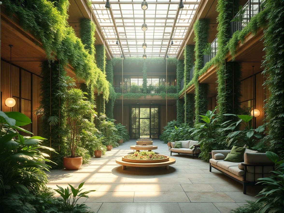 Prompt: Vibrant atrium, lush green walls, natural stone floors, large skylights, floor-to-ceiling windows, clerestory windows, open ceilings, wooden beams, minimalist decor, soft warm lighting, diffused sunlight, subtle shadows, 1/1 composition, high contrast ratio, realistic textures, ambient occlusion.