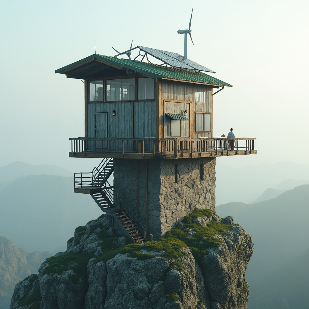 Prompt: Elevated watchtower, rugged stone foundation, recycled metal cladding, wooden accents, green roofs, solar panels, wind turbines, rainwater harvesting systems, minimalist design, angular lines, panoramic views, misty morning atmosphere, soft natural lighting, 3/4 composition, realistic textures, ambient occlusion.