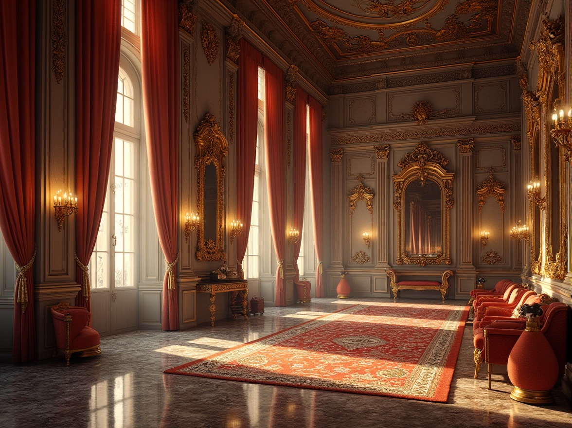 Prompt: Ornate Baroque palace, grandiose columns, intricately carved stone facades, gilded ornamental details, lavish furnishings, velvet drapes, ornate mirrors, crystal chandeliers, richly patterned rugs, highly polished marble floors, intricate wooden paneling, golden accents, dramatic lighting effects, warm color palette, high contrast shadows, detailed texture mapping, realistic material responses, 1/2 composition, cinematic camera angles, atmospheric depth of field.