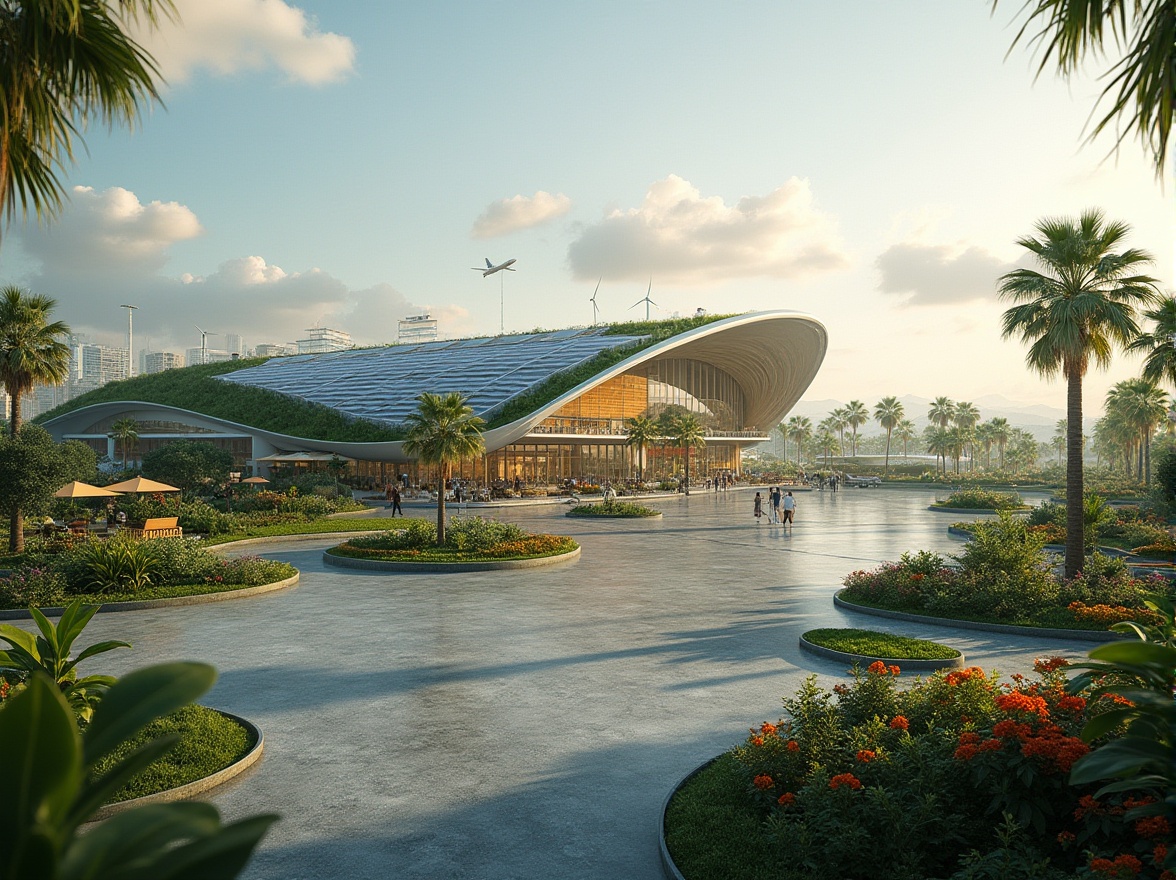 Prompt: Airport terminal, futuristic architecture, green roofs, solar panels, wind turbines, rainwater harvesting systems, eco-friendly materials, natural ventilation, large windows, clerestory lighting, open spaces, minimal waste design, recycled materials, energy-efficient systems, geothermal heating, cooling systems, shaded outdoor areas, misting systems, tropical landscaping, lush greenery, vibrant flowers, ambient occlusion, soft warm lighting, shallow depth of field, 3/4 composition, panoramic view, realistic textures.