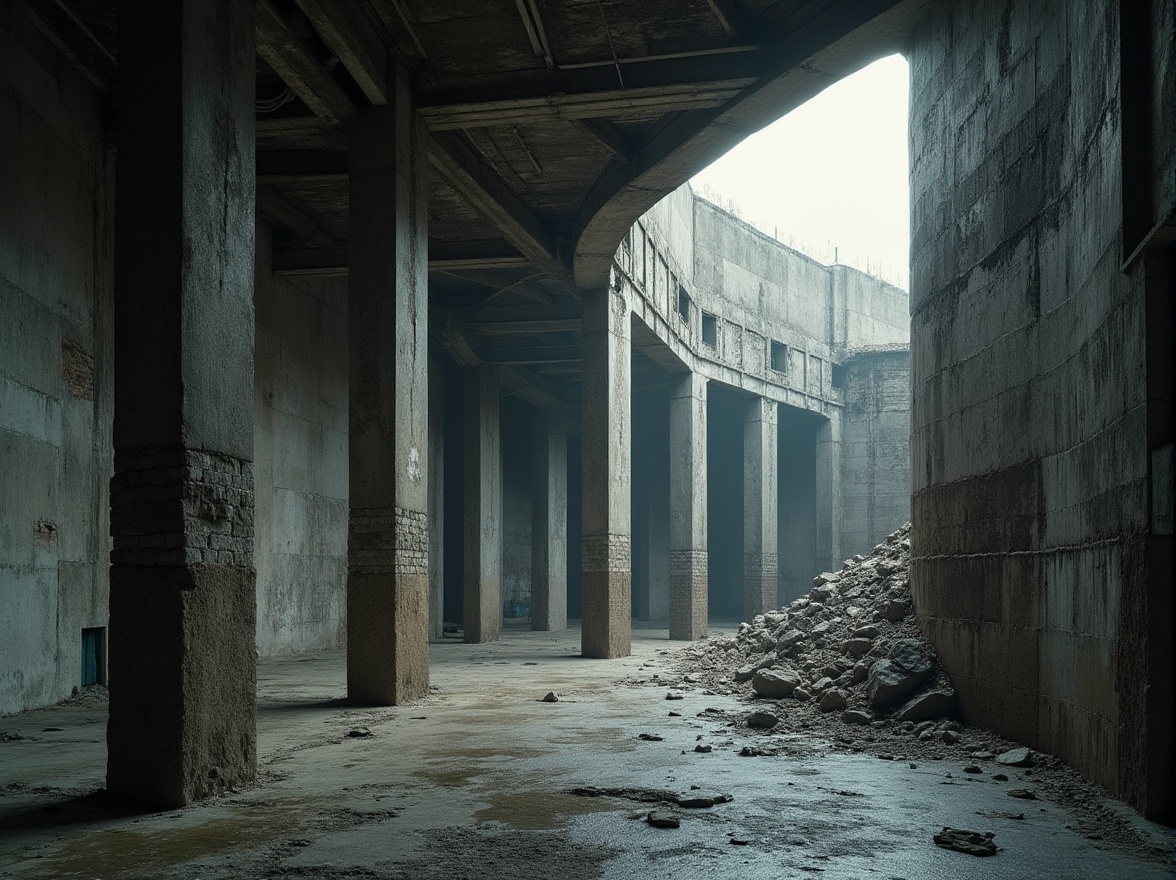 Prompt: Rough-hewn concrete walls, exposed ductwork, industrial metal beams, raw unfinished textures, dramatic natural light, brutalist architectural style, fortress-like structures, rugged stone foundations, geometric shapes, monolithic forms, urban cityscape, overcast skies, high-contrast lighting, deep shadows, cinematic composition, atmospheric perspective, gritty realism.