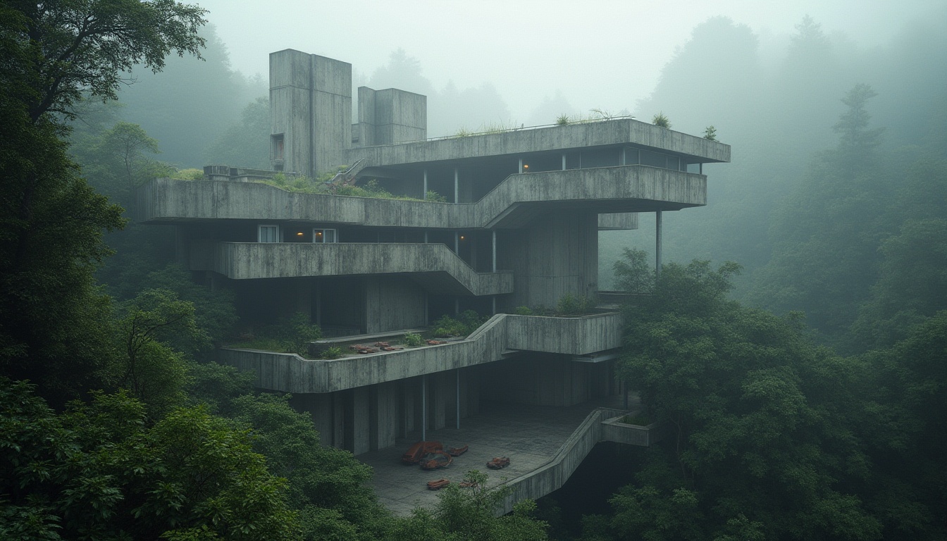 Prompt: Raw concrete textures, rugged brutalist architecture, fortress-like research center, cantilevered floors, angular lines, industrial materials, exposed ductwork, functional minimalist design, harsh dramatic lighting, high-contrast shadows, moody atmospheric tones, dense forest surroundings, misty morning atmosphere, soft focus, shallow depth of field, 2/3 composition, symmetrical framing, abstract geometric patterns, urban research facility, innovative fa\u00e7ade systems, double-glazed windows, solar shading devices, green walls, living roofs, futuristic laboratory equipment.