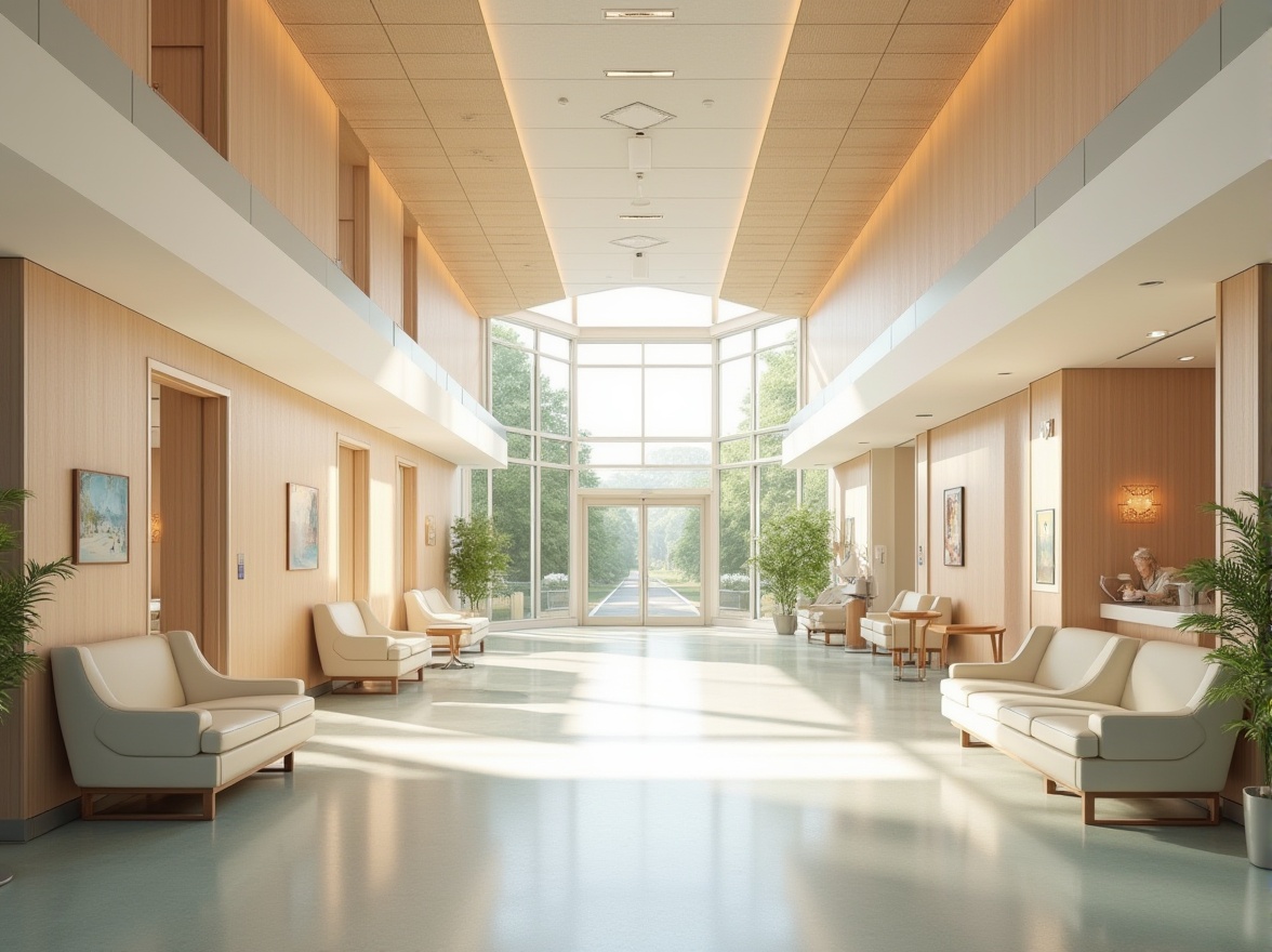 Prompt: Soothing hospital interior, calming color palette, natural light pouring, comfortable seating areas, warm wooden accents, gentle curves, acoustic ceiling panels, minimalist decor, subtle textures, soft pastel hues, circular waiting area, gentle water features, serene artwork, calming nature views, spacious corridors, easy navigation, accessible ramps, clear signage, intuitive wayfinding, ample natural ventilation, energy-efficient lighting, comfortable patient rooms, peaceful ambiance, shallow depth of field, 1/1 composition.