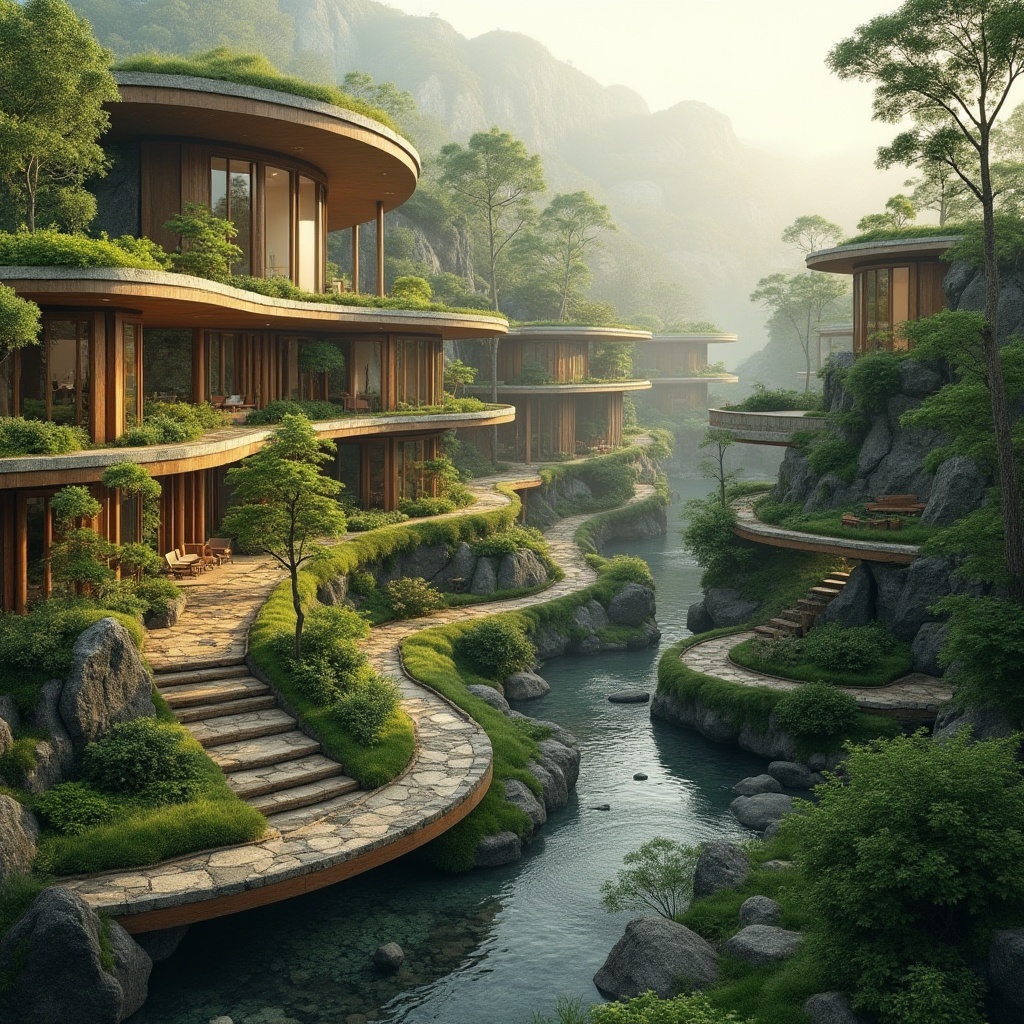 Prompt: Seamless landscape integration, organic architecture, curved lines, green roofs, living walls, natural stone fa\u00e7ades, wooden accents, earthy tones, serene ambiance, misty mornings, soft sunlight, gentle breezes, lush vegetation, native plants, winding water features, rustic pathways, meandering streams, bird's eye view, 1/2 composition, warm color palette, high dynamic range, atmospheric perspective.