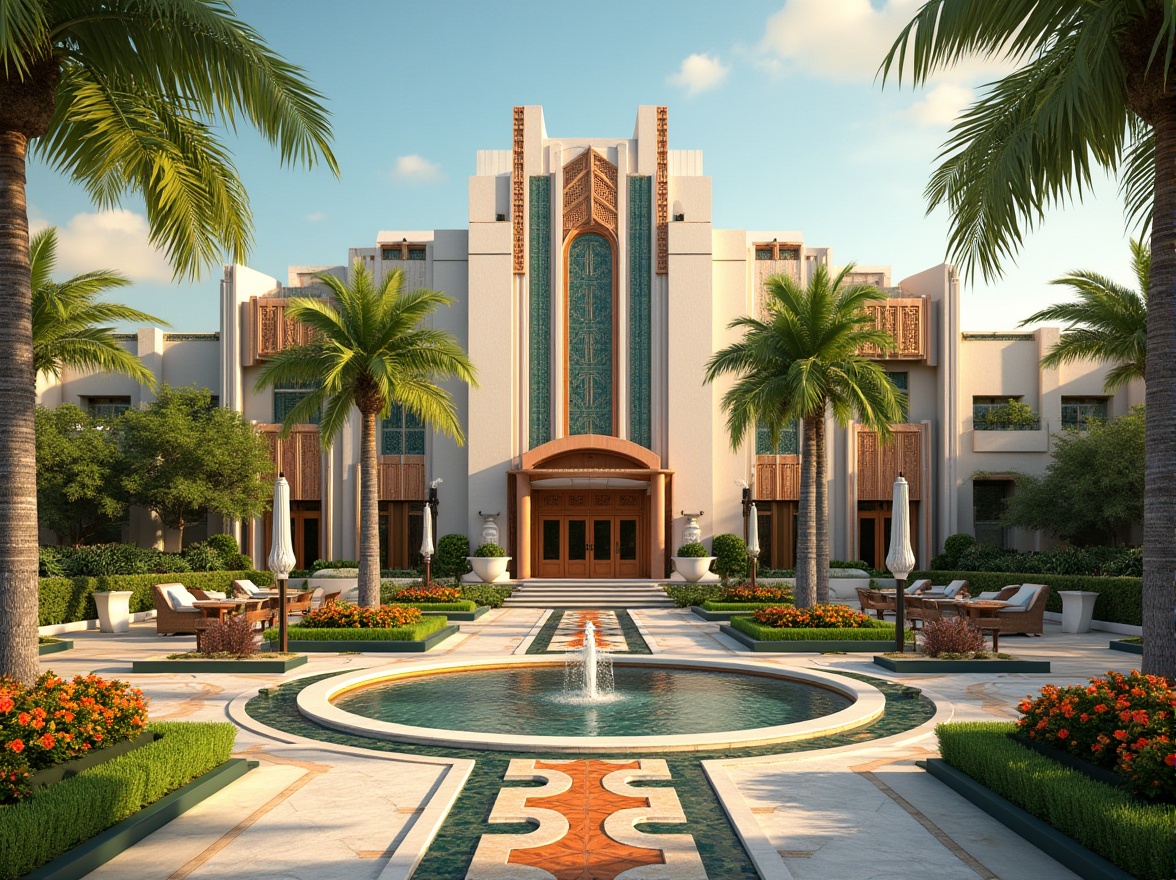 Prompt: Geometric Art Deco building, ornate metalwork, curved lines, bold colors, lush greenery, tropical plants, palm trees, symmetrical gardens, fountain features, mosaic pathways, decorative lampposts, elegant statues, luxurious outdoor furniture, vibrant floral arrangements, warm sunny day, soft golden lighting, shallow depth of field, 1/1 composition, panoramic view, realistic textures, ambient occlusion.