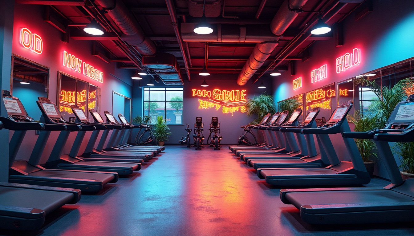 Prompt: Vibrant fitness club interior, energetic atmosphere, bold color scheme, neon accents, motivational quotes, modern exercise equipment, rubber flooring, mirrored walls, high ceilings, dynamic lighting, industrial-chic design, metallic tones, sleek lines, minimalist decor, functional spaces, invigorating ambiance, refreshing color palette, calming shades, natural materials, wooden accents, greenery, tropical plants, urban loft-inspired aesthetic, abstract artwork, geometric patterns, bold typography, futuristic vibe.