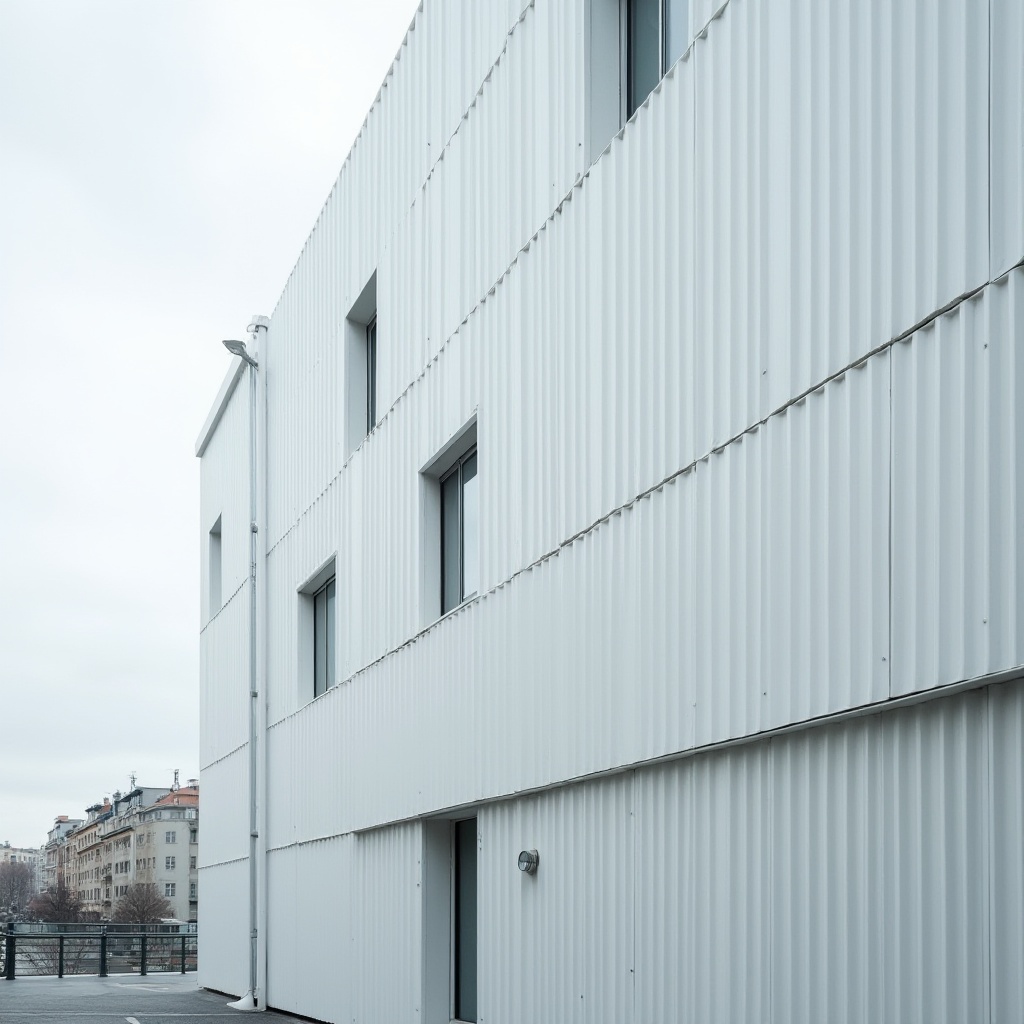 Prompt: Modern building facade, polyethylene panels, corrugated textures, white matte finish, industrial architecture, urban cityscape, overcast sky, diffused natural light, shallow depth of field, 1/2 composition, realistic reflections, ambient occlusion, futuristic design, sustainable materials, energy-efficient systems, minimalist aesthetic, clean lines, geometric shapes, innovative cladding solutions.