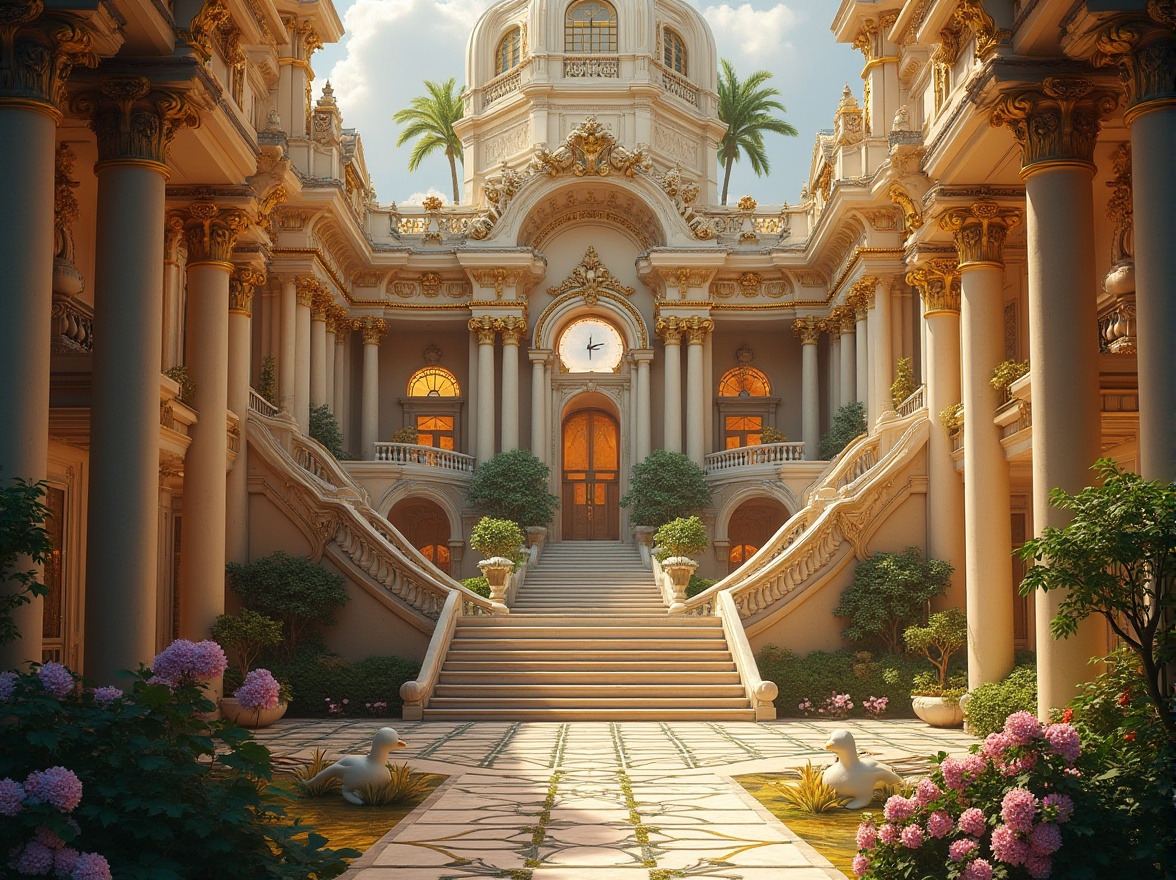 Prompt: Ornate baroque palace, symmetrical fa\u00e7ade, grand central dome, opulent decorations, gilded details, marble columns, sweeping arches, intricate stone carvings, ornamental fountains, lush greenery, vibrant flowers, majestic staircases, dramatic lighting, warm golden tones, high contrast ratio, 1/1 composition, central perspective, realistic textures, ambient occlusion.