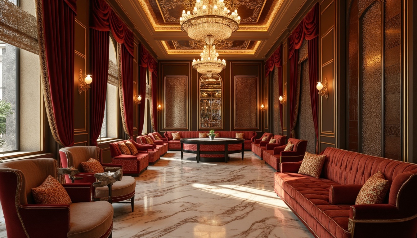 Prompt: Opulent Art Deco interior, luxurious velvet fabrics, metallic accents, ornate gold leafing, polished marble floors, intricate geometric patterns, lavish crystal chandeliers, rich wood grain textures, metallic mesh screens, glamorous mirrored surfaces, lavish furnishings, soft warm lighting, shallow depth of field, 1/1 composition, realistic reflections, ambient occlusion.