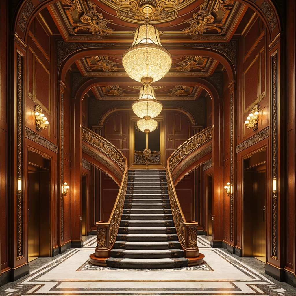 Prompt: Intricate geometric patterns, ornate metalwork, grand staircase, lavish chandeliers, rich wood paneling, ornamental ceilings, stylized floral motifs, zigzag lines, chevron shapes, bold typography, luxurious marble floors, bronze door handles, vintage elevator doors, dramatic archways, ornate columns, Beaux-Arts influence, symmetrical composition, warm golden lighting, high-contrast shadows, 1/2 composition, ornamental details, realistic textures, ambient occlusion.