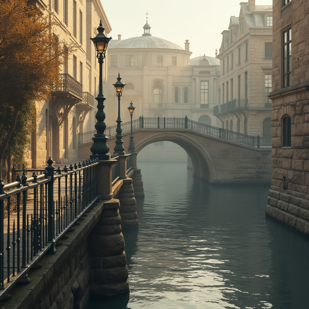 Prompt: Elegant bridge arches, rustic stone piers, ornate metal railings, vintage lampposts, weathered wooden planks, serene water reflections, misty morning atmosphere, soft golden lighting, shallow depth of field, 2/3 composition, symmetric architecture, classic academic style, strong structural lines, bold geometric forms, earthy color palette, natural stone textures, subtle ornamental details, harmonious urban integration.