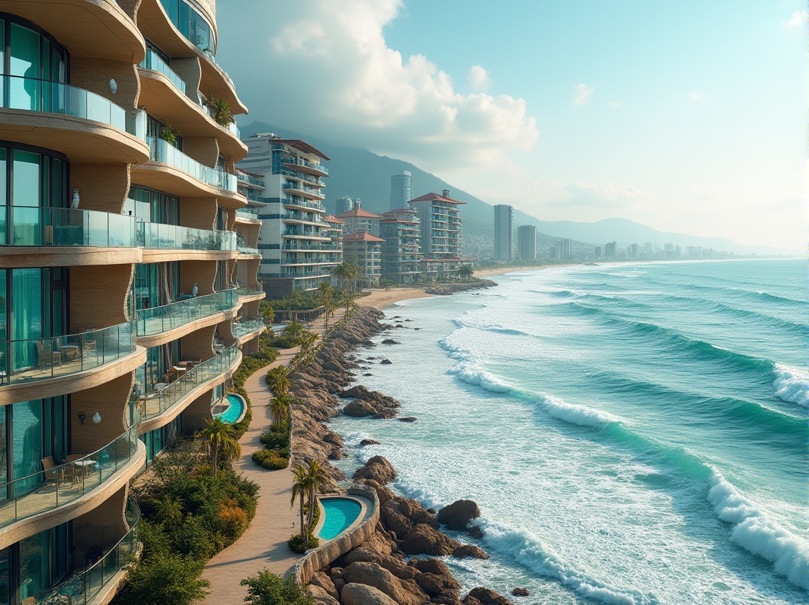 Prompt: Wave-crashing coastline, salty sea air, oceanfront promenade, modern coastal buildings, undulating facade, wavy balconies, ocean-inspired railings, turquoise glass accents, coral-patterned textures, driftwood-clad walls, weathered steel frames, nautical-themed decorative elements, seagull-perched rooftops, dramatic cantilevered structures, ocean-breeze ventilation systems, salt-resistant materials, sustainable seawall protection, beachy landscaping, sunny day, soft warm lighting, shallow depth of field, 3/4 composition, panoramic view, realistic textures, ambient occlusion.