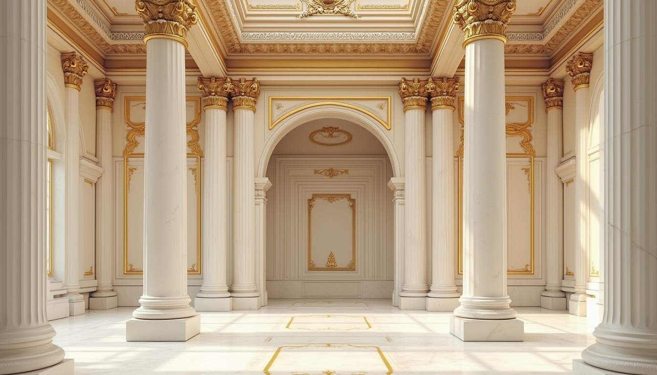 Prompt: Elegant neoclassical facade, creamy white marble columns, ornate golden details, soft beige stone walls, richly painted frescoes, intricate moldings, grandiose entranceways, symmetrical composition, subtle warm lighting, shallow depth of field, 1/1 perspective, realistic textures, ambient occlusion, classical proportions, harmonious color palette, muted earth tones, soft pastel hues, elegant typography, refined ornamental patterns.