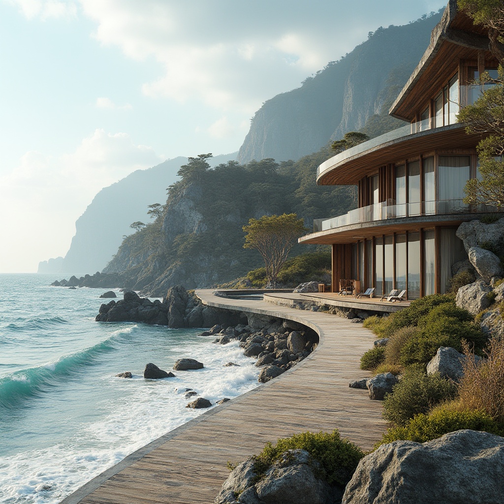 Prompt: Curved shoreline, rugged cliffs, ocean waves, salty air, sea spray, weathered wood planks, rusted steel beams, reinforced concrete foundations, cantilevered structures, angular modern architecture, large windows, sliding glass doors, ocean-inspired sculptures, driftwood accents, beachy color palette, soft natural lighting, shallow depth of field, 1/2 composition, realistic textures, ambient occlusion, innovative formwork systems, modular construction, prefabricated components, sustainable materials, eco-friendly design solutions.