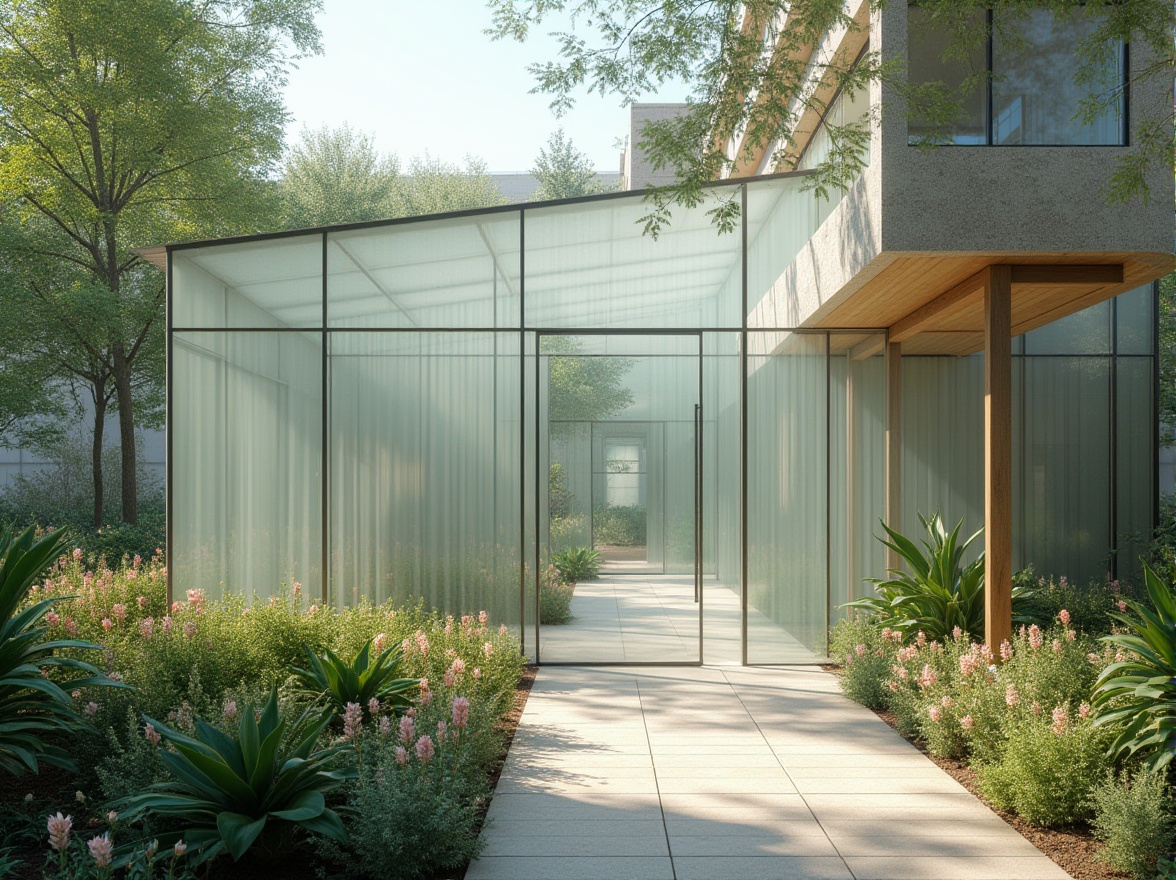 Prompt: Ethereal glass fa\u00e7ade, subtle transparency, soft diffused light, minimalist metal frames, sleek modern architecture, serene urban surroundings, lush greenery, vibrant flowers, calm atmosphere, warm sunny day, gentle shadows, shallow depth of field, 1/1 composition, realistic textures, ambient occlusion.