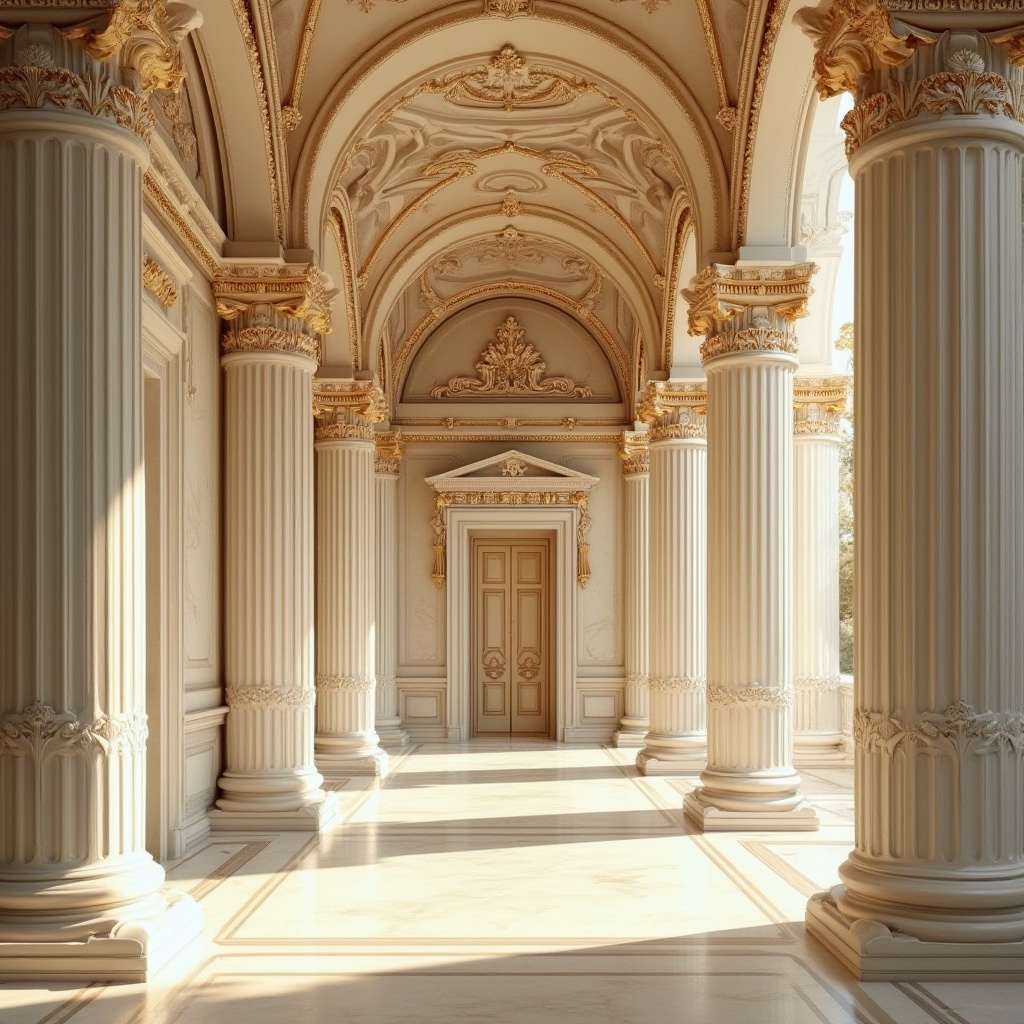 Prompt: Ornate columns, fluted shafts, Ionic capitals, ornamental volutes, carved acanthus leaves, polished marble surfaces, creamy white stone, intricate carvings, gilded details, neoclassical patterns, symmetrical facades, grand entranceways, majestic arches, vaulted ceilings, ornate moldings, dramatic lighting, warm golden tones, shallow depth of field, 1/1 composition, realistic textures, ambient occlusion.