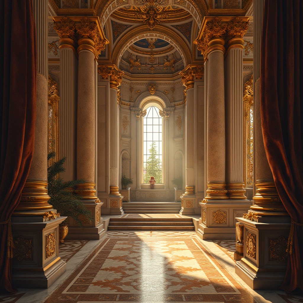 Prompt: Ornate cathedral, intricately carved stone walls, gilded ornaments, lavish furnishings, rich velvet drapes, ornamental patterns, frescoed ceilings, grandiose staircases, polished marble floors, intricate moldings, dramatic lighting effects, warm golden tones, soft focus blur, atmospheric perspective, 1/2 composition, symmetrical framing, high-contrast ratio, subtle noise texture.