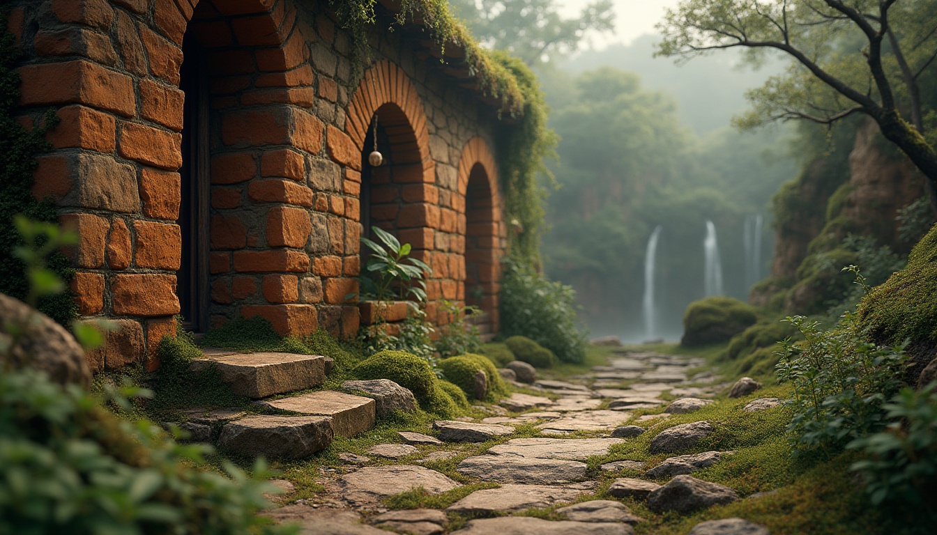 Prompt: Lavacrete material, rough stone-like texture, earthy brown color, organic patterns, natural ambiance, rugged landscape, misty atmosphere, soft warm lighting, shallow depth of field, 3/4 composition, realistic render, ambient occlusion, vibrant greenery, moss-covered surfaces, weathered wooden accents, ancient ruins, mysterious artifacts.