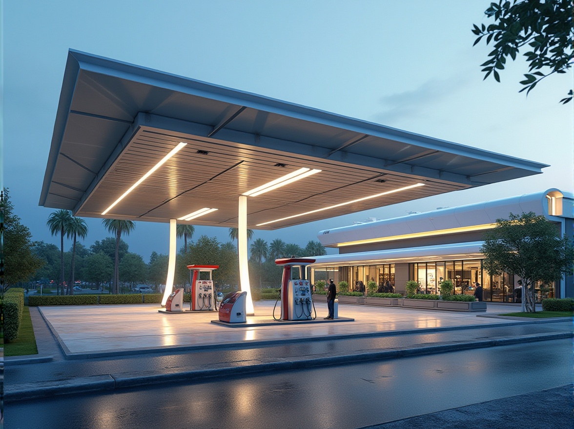 Prompt: Modern gas station, sleek metal canopy, LED lighting strips, futuristic fuel pumps, angular lines, minimalist design, green roofs, eco-friendly materials, sustainable energy solutions, solar panels, wind turbines, water conservation systems, shaded outdoor spaces, misting systems, urban landscape, busy streets, cityscape views, dynamic reflections, 3/4 composition, shallow depth of field, realistic textures, ambient occlusion.