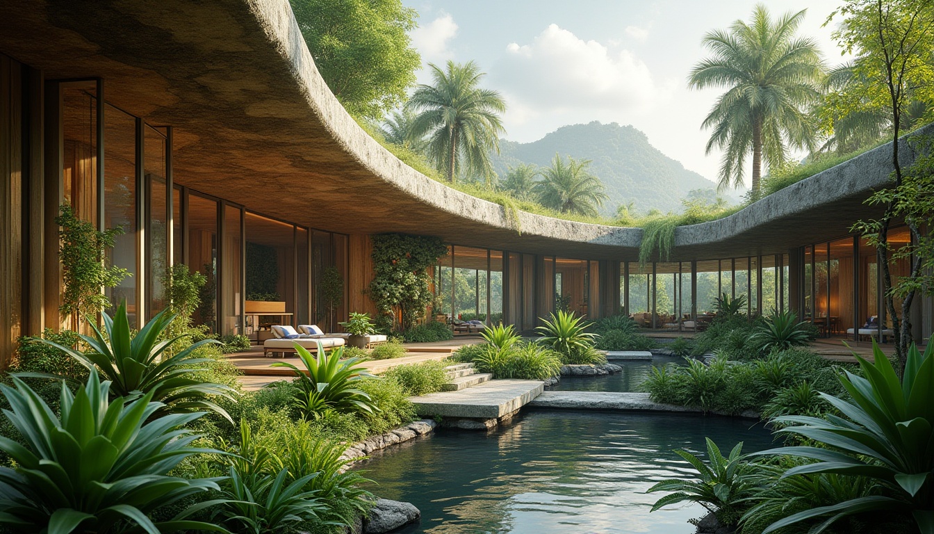 Prompt: Lush tropical plants, curved glass roofs, natural stone walls, wooden accents, organic shapes, futuristic architecture, sustainable energy systems, solar panels, green roofs, living walls, vertical gardens, misting systems, soft diffused lighting, warm earthy tones, calming ambiance, serene atmosphere, modern minimalist decor, sleek metal frames, large windows, sliding glass doors, panoramic views, realistic textures, ambient occlusion.