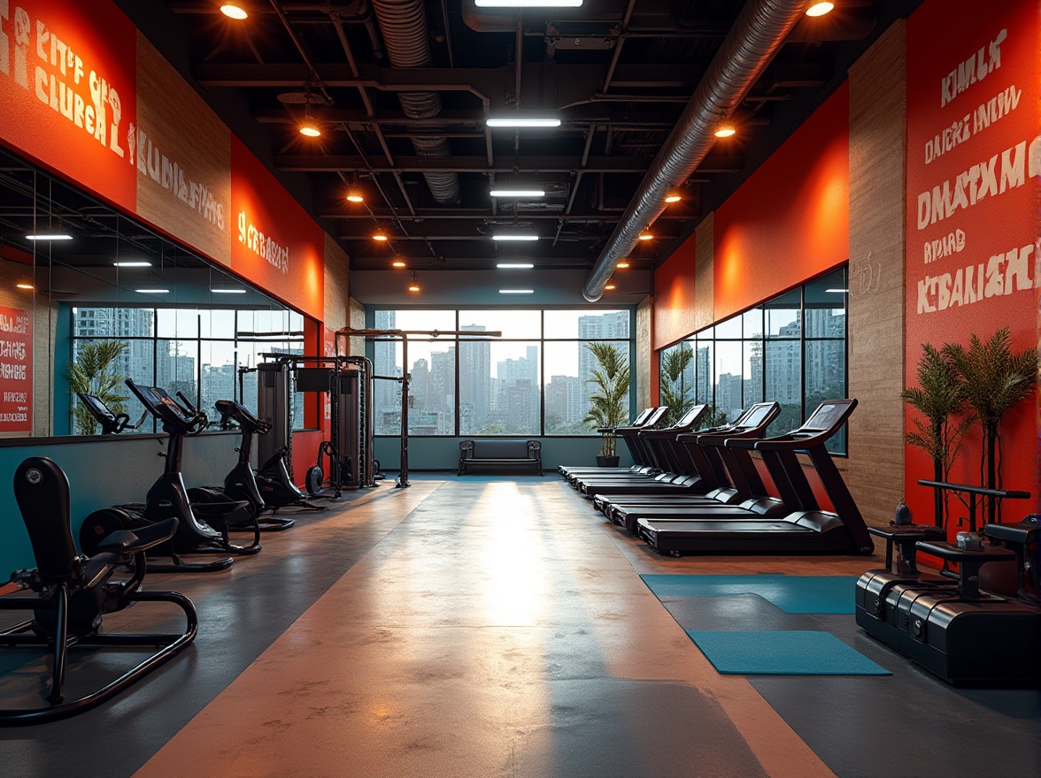 Prompt: Vibrant fitness club, energetic atmosphere, bold color scheme, motivational quotes, sleek equipment, rubber flooring, mirrored walls, modern LED lighting, intense workout areas, calming yoga zones, natural wood accents, industrial metal beams, urban city views, early morning sunlight, high-contrast shadows, dramatic spotlights, 1/2 composition, shallow depth of field, realistic textures, ambient occlusion.