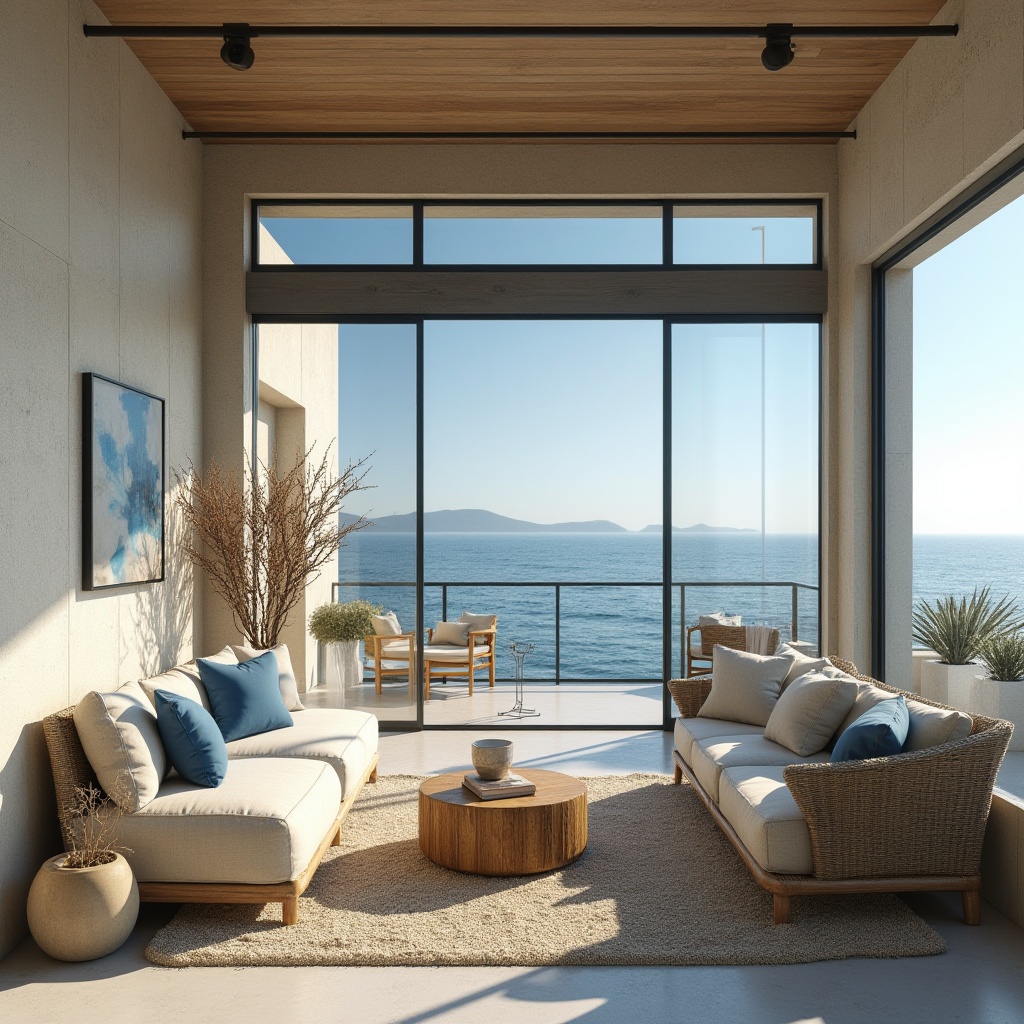 Prompt: Navy blue accent walls, sandy beige stucco exterior, modern coastal villa, seaside resort, private balcony, ocean views, driftwood decorations, nautical ropes, sailboat-inspired furniture, linen upholstery, weathered wood accents, sea salt air, warm sunny day, soft natural lighting, shallow depth of field, 1/1 composition, realistic textures, ambient occlusion.