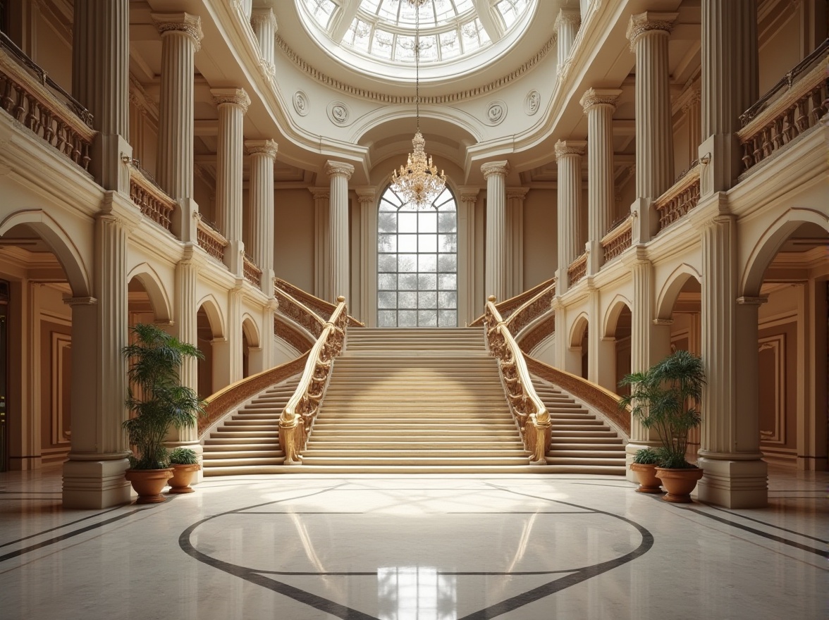 Prompt: Grand symmetrical fa\u00e7ade, imposing entrance, ornate columns, archways, domes, sweeping staircases, elegant balustrades, luxurious chandeliers, opulent furnishings, majestic high ceilings, crystal clear glass, metallic accents, refined minimalist interior, harmonious color palette, warm inviting ambiance, subtle shadow play, dramatic spot lighting, 1/1 composition, central axis symmetry, bilateral reflection, radial balance, geometric harmony, ornamental details, classical motifs.