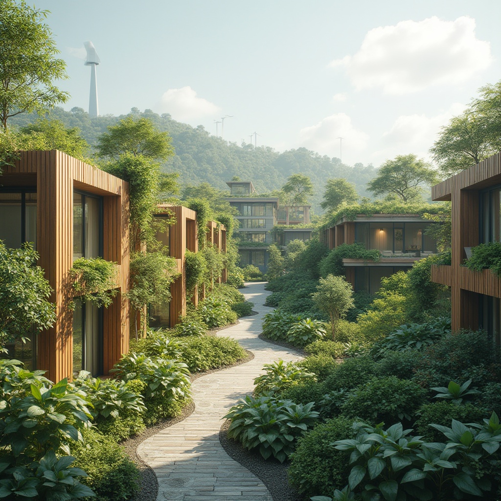 Prompt: Eco-friendly buildings, green roofs, solar panels, wind turbines, rainwater harvesting systems, recycled materials, low-carbon footprint, natural ventilation, large windows, clerestory lighting, bamboo flooring, reclaimed wood accents, living walls, organic gardens, urban agriculture, vertical farming, biophilic design, energy-efficient systems, water conservation measures, minimalist aesthetic, simple forms, clean lines, neutral color palette, abundant natural light, soft shadows, 1/1 composition, realistic textures, ambient occlusion.