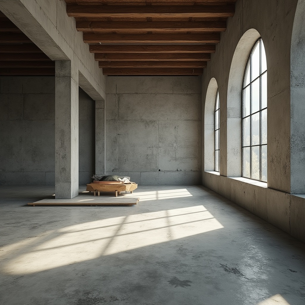 Prompt: Exposed concrete walls, rough-hewn stone foundations, industrial metal beams, minimalist wooden accents, brutalist architecture, urban loft atmosphere, high ceilings, large windows, natural light pouring in, open floor plan, functional simplicity, raw unfinished materials, distressed textures, monochromatic color scheme, dramatic shadows, cinematic lighting, 3/4 composition, symmetrical framing, gritty realistic renders.