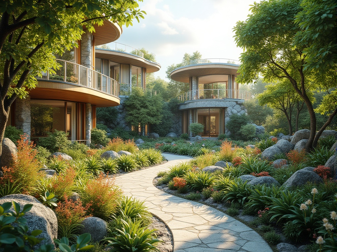 Prompt: Vibrant botanical gardens, meandering walking paths, natural stone retaining walls, lush green roofs, modern architectural curves, transparent glass facades, seamless indoor-outdoor transitions, rustic wooden accents, organic form inspirations, native plant species, seasonal flower blooms, warm sunny days, soft diffused lighting, 1/2 composition, atmospheric perspective, realistic foliage textures, ambient occlusion.