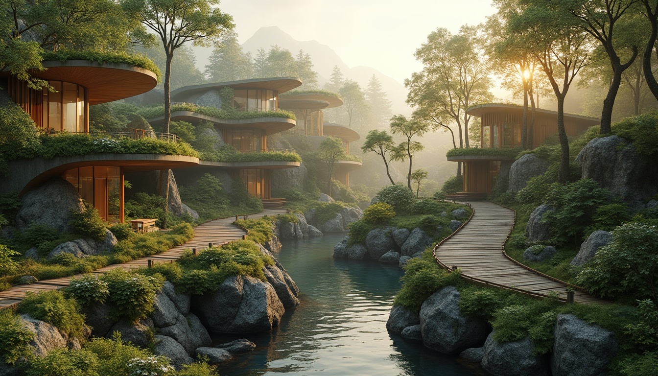 Prompt: Seamless landscape integration, blending modern architecture, organic curves, green roofs, living walls, natural stone facades, wooden accents, floor-to-ceiling windows, biophilic design, native plant species, meandering water features, rustic wood bridges, serene forest surroundings, misty morning atmosphere, warm golden lighting, soft focus, 1/1 composition, intimate scale, realistic textures, atmospheric perspective.