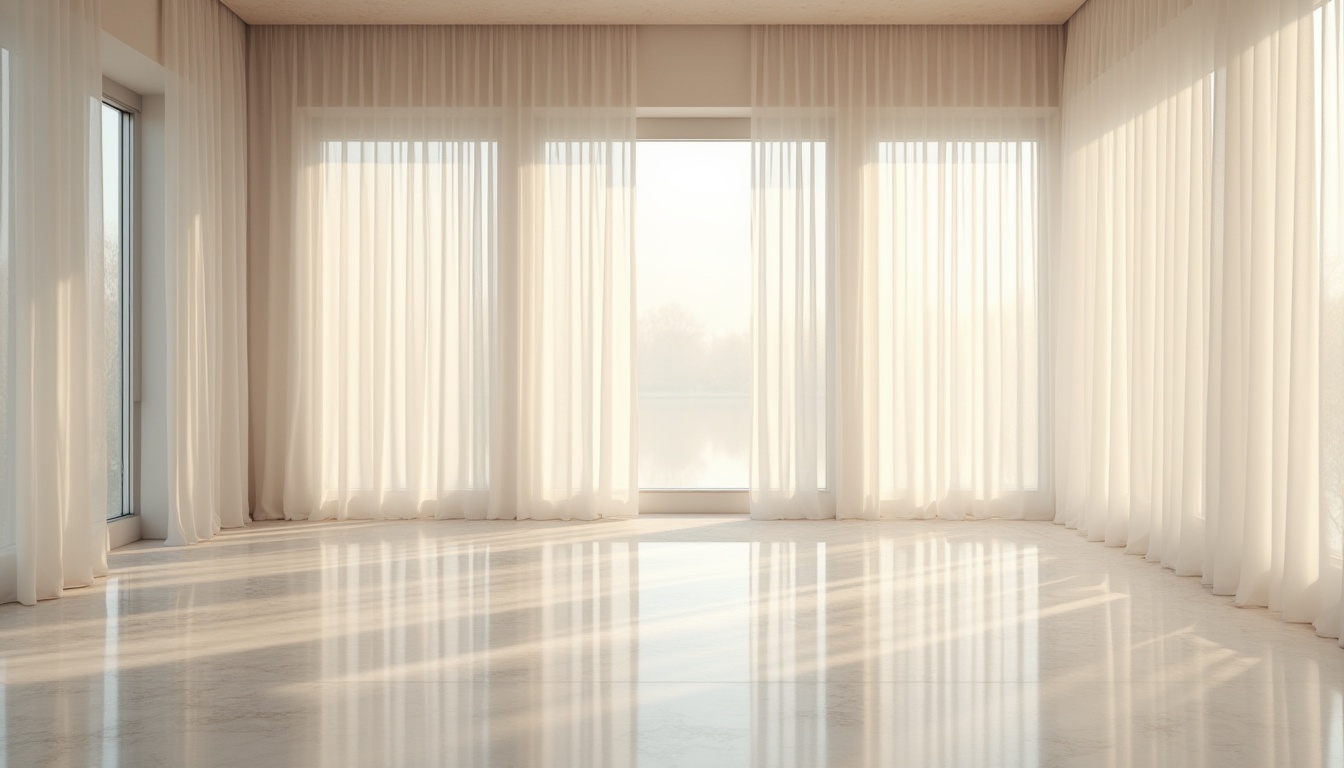 Prompt: Soft warm daylight, floor-to-ceiling windows, sheer white curtains, minimal shading devices, reflective interior surfaces, polished marble floors, bright airy atmosphere, indirect natural illumination, softbox lighting effect, realistic shadowing, 1/1 composition, shallow depth of field, panoramic view.